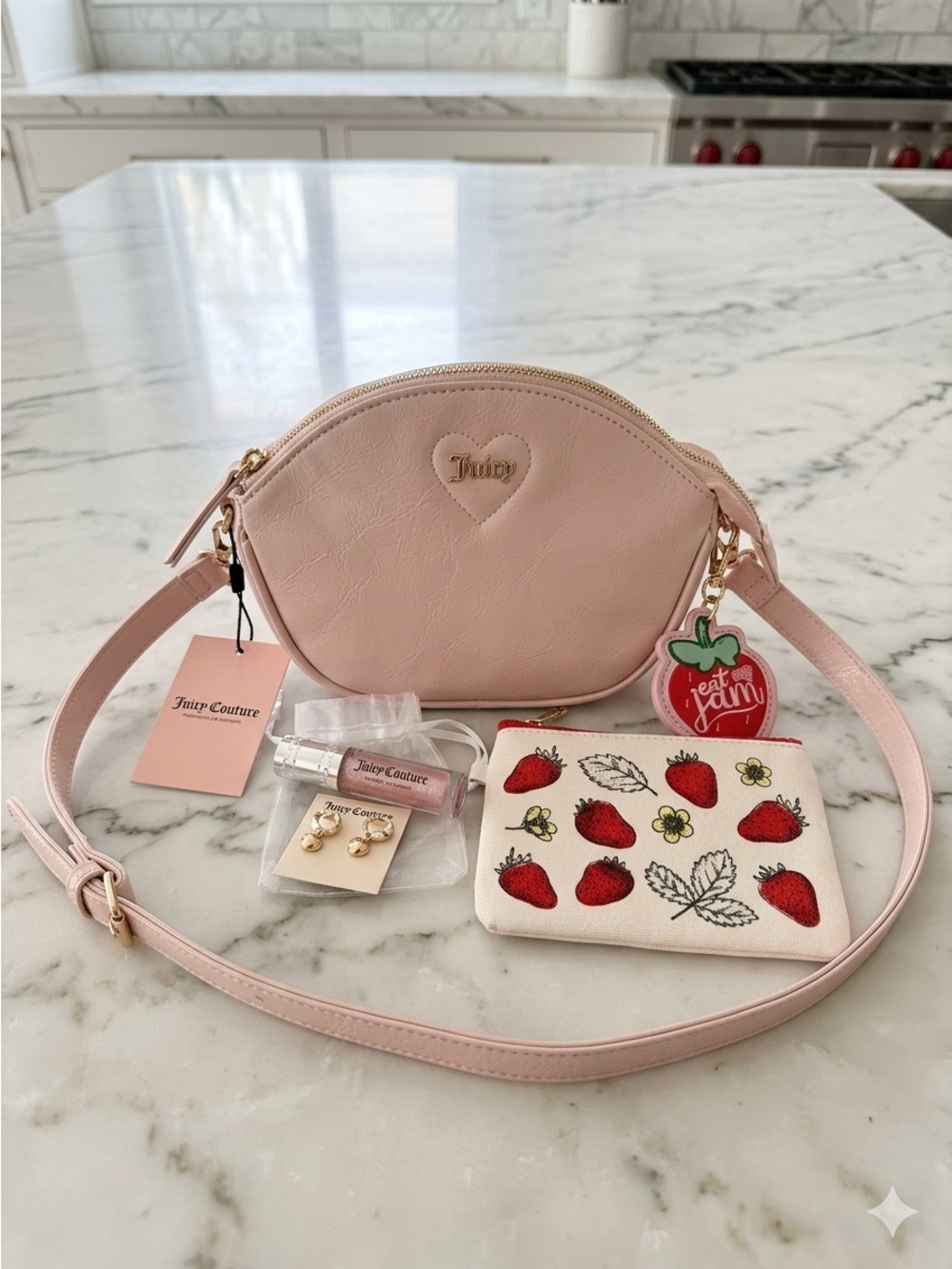 Juicy Couture Blush Pink Heart Crossbody with Strawberry bag charm 🍓 *nwt